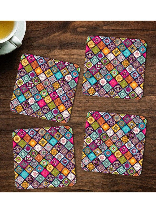 ASHVAH Abstract Pattern Print/Typography Tea/Coffee Mug/Designer Handmade Wooden Coaster Set for Home Kitchen, Office Desk - Set of 4 - Square: 10cm Dno. 33 - Image 1