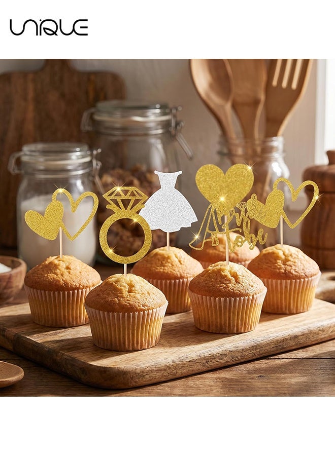 Unique 30Pcs Wedding Cupcake Toppers - Glitter Engagement Cupcake Toppers for Engagement Bridal Shower Party Supplies (Gold/10 Styles) - Image 4