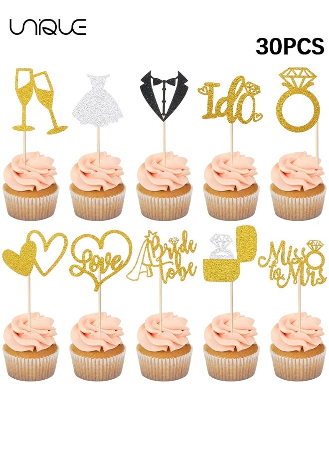 Unique 30Pcs Wedding Cupcake Toppers - Glitter Engagement Cupcake Toppers for Engagement Bridal Shower Party Supplies (Gold/10 Styles) - Image 1