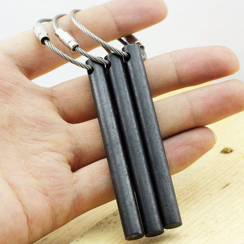 bayite Survival Drilled Ferrocerium Ferro Rod Flint Fire Starter Rods with Keychain Ring 3.14 Inch Pack of 3 - Image 2