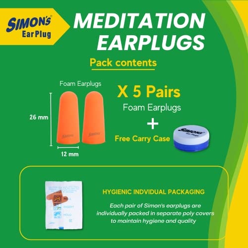 Simon's Simon’s Meditation Foam Earplugs - Super Saver Pack with 5 Pairs Soft Foam disposable earplugs for meditation, sleep, blocks noise and surround sound, disposable Earbuds used by Adult and Kids – Pack of 5 Pairs - Image 2