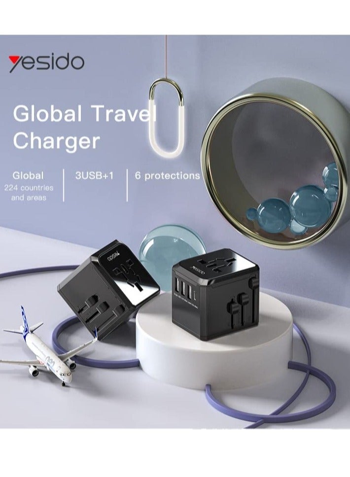 Yesido Universal Travel Adapter with 4 Ultra-Fast USB Port and 1 Ultra-Fast USB Type C Port and Power Socket Worldwide Plugs UK EU US AU Auto Switch - Image 2