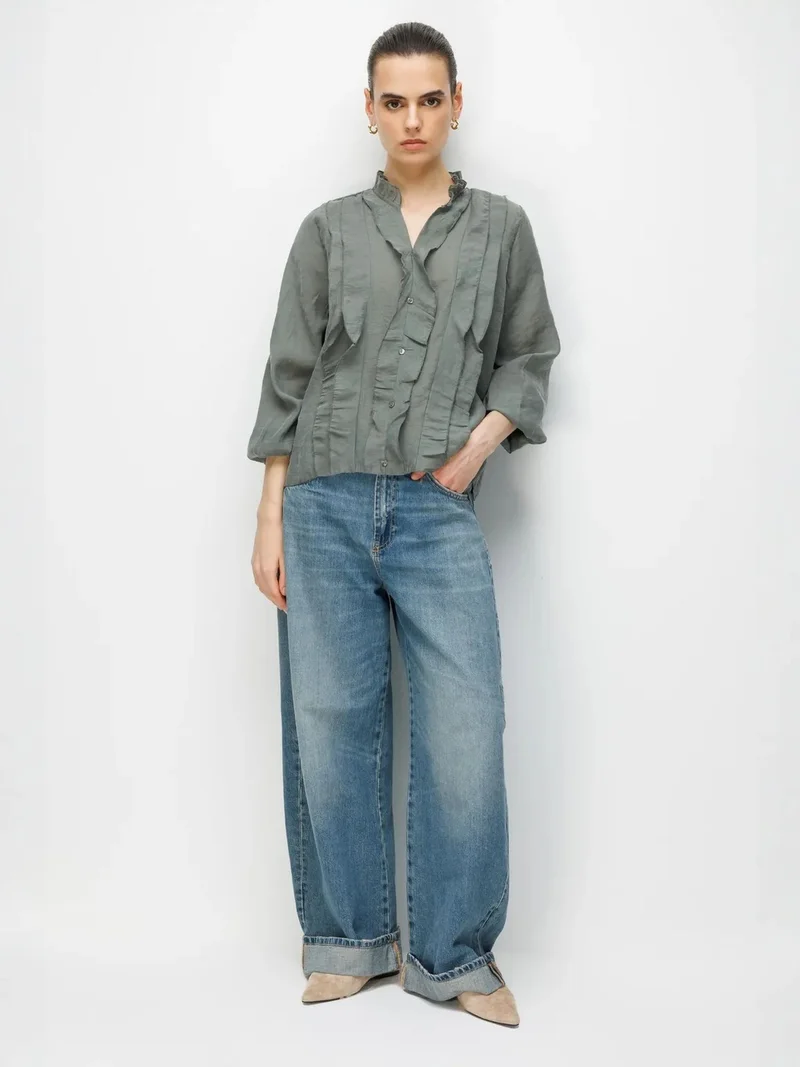 MixRay MIXRAY Frilly Mandarin Collar Blouse