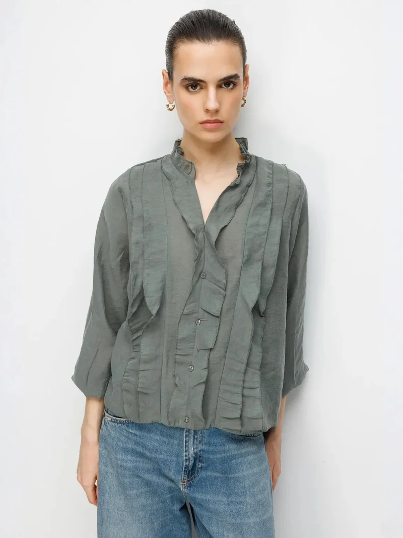 MixRay MIXRAY Frilly Mandarin Collar Blouse