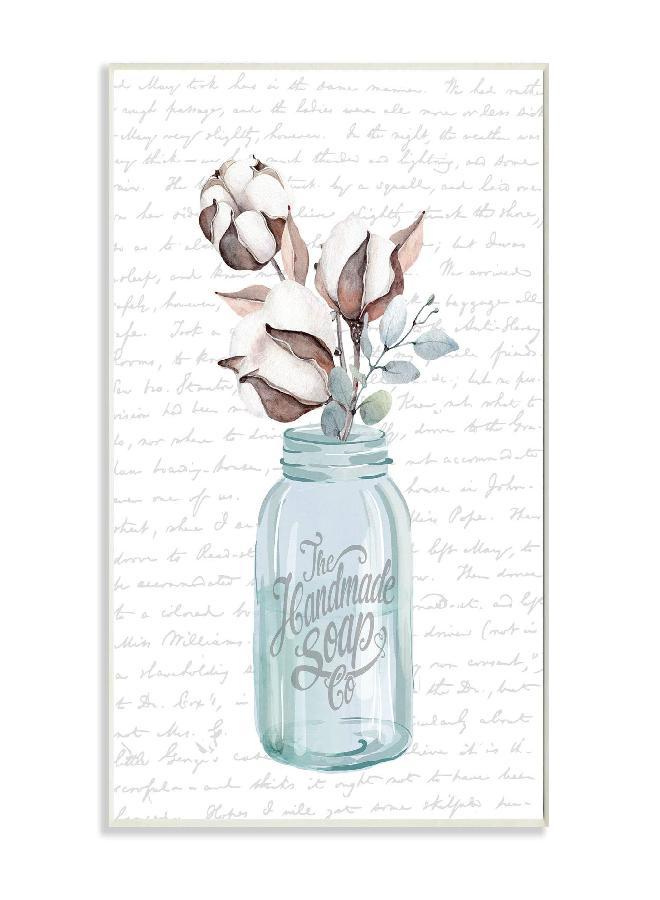 Stupell Industries Handmade Soap Jar Cotton Flower Bathroom Word, Design by Artist Lettered and Lined Wall Art, 10 x 15, Wood Plaque - Image 1