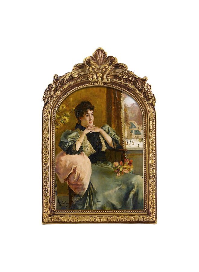 FOLKOR Vintage Framed Wall Art for Bedroom Dining Room Decor, Pensive Women Near a Window Portrait, Classical Canvas Prints with Arched Picture Frame for Home Office Living Room Decoration, 5x7 - Image 1