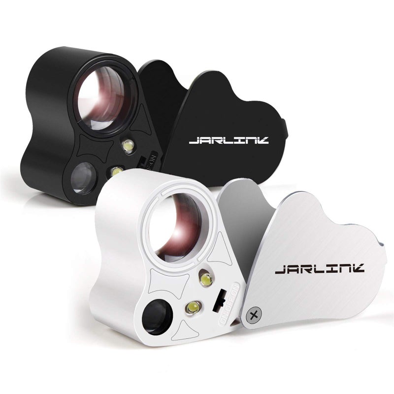JARLINK 2 Pack 30X 60X Illuminated Jewelers Loupe Magnifier, Foldable Jewelry Magnifier with Bright LED Light for Gems, Jewelry, Coins, Stamps, etc (White & Black) - Image 1
