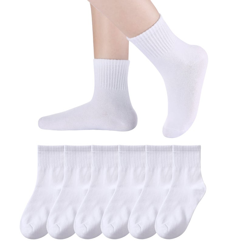 Eyean Kids Athletic Crew Socks Boys Girls Cotton School Uniform Casual Basic Socks 6 Pairs (6-8 Years, White) - Image 1