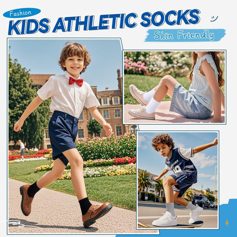 Eyean Kids Athletic Crew Socks Boys Girls Cotton School Uniform Casual Basic Socks 6 Pairs (6-8 Years, White) - Image 2