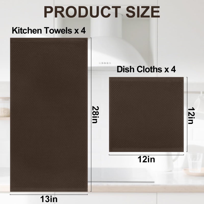 Homaxy 100% Cotton Kitchen Towels and Dishcloths Set, 12 x 12 Inches and 13 x 28 Inches, Set of 8 Bulk Kitchen Towels Set, Ultra Soft Absorbent Dish Cloths for Washing Dishes, Dark Brown - Image 4