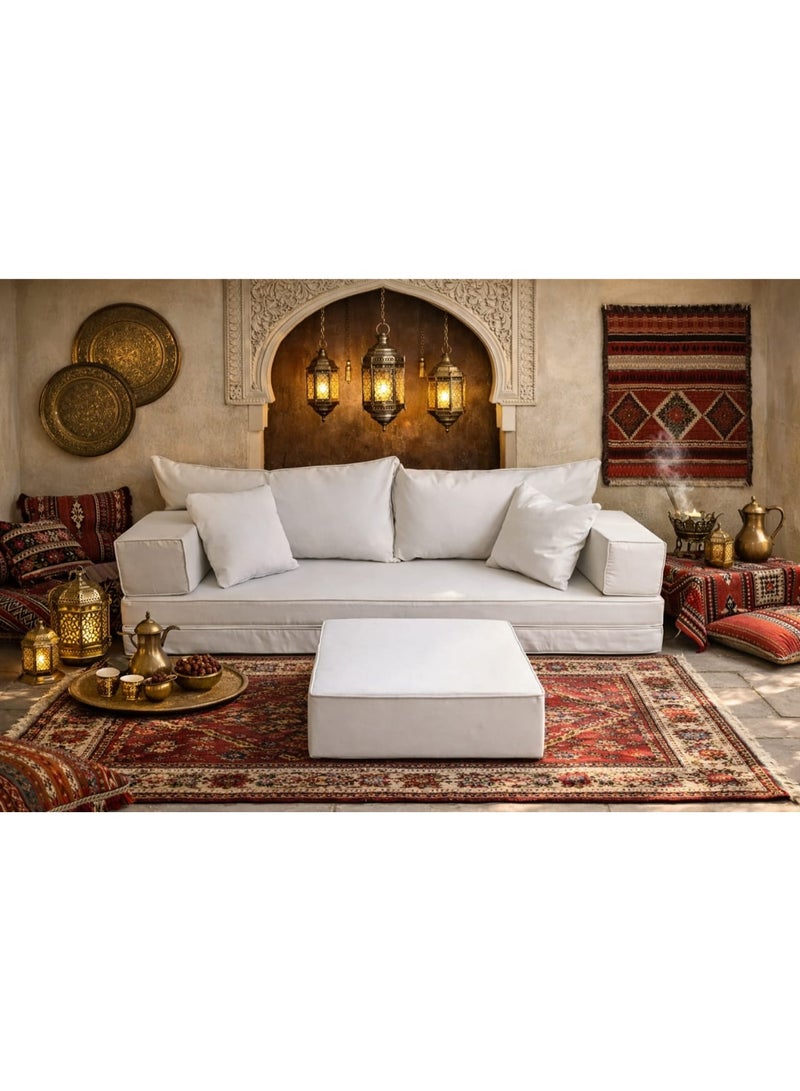 اكس بوت طقم كنبة أرضية مجلس مع عثماني، أثاث جلوس منخفض  باللون الأبيض، أريكة أرضية بالطراز العربي مع وسائد - Image 1