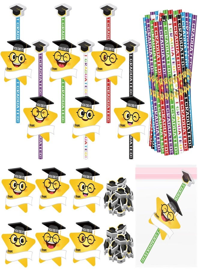 Tenceur 54 Pcs Graduation Party Favor Graduation Pencil with Grad Mortarboard Erasers and Card Bulk End-of-Year Gifts Happy Face Pencil Pentagram Star Card for Teacher Office Supplies - Image 1