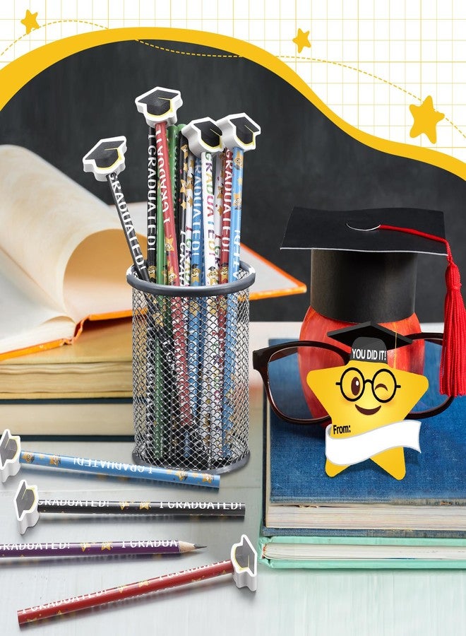 Tenceur 54 Pcs Graduation Party Favor Graduation Pencil with Grad Mortarboard Erasers and Card Bulk End-of-Year Gifts Happy Face Pencil Pentagram Star Card for Teacher Office Supplies - Image 4