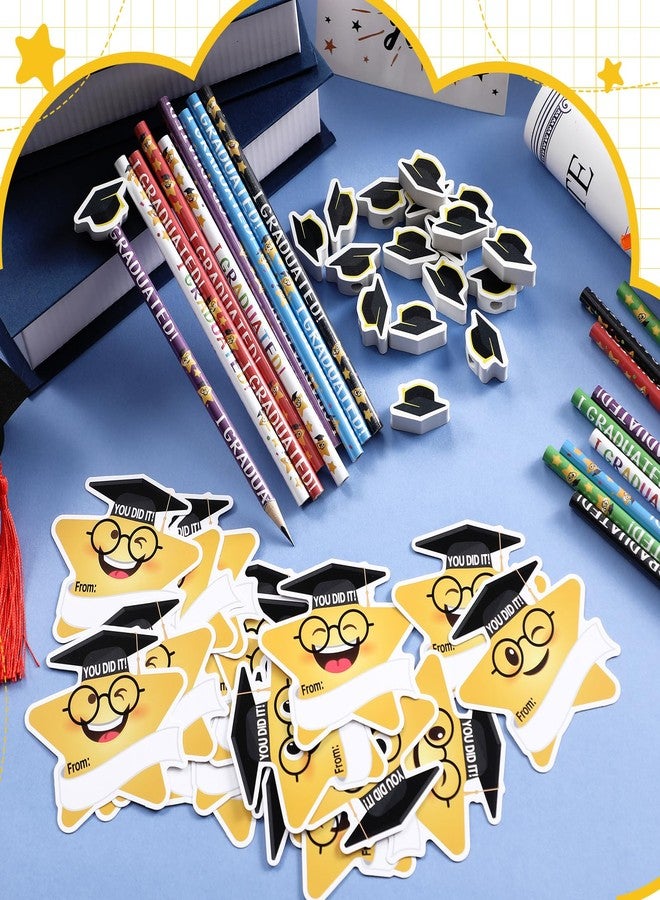 Tenceur 54 Pcs Graduation Party Favor Graduation Pencil with Grad Mortarboard Erasers and Card Bulk End-of-Year Gifts Happy Face Pencil Pentagram Star Card for Teacher Office Supplies - Image 3