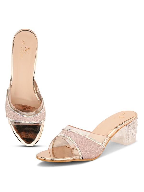 XE Looks Women's Gold Block Heel Sandals | Stylish Transparent Crystal Heels with Glitter Finish Upper | Comfortable Cushioned Footbed | Slip-On Design Heel Sandals For Girls & Women - Image 1