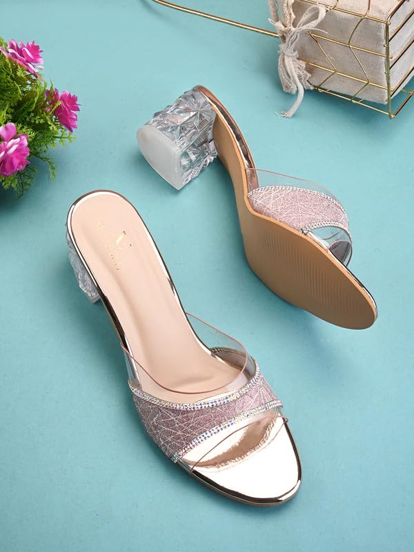 XE Looks Women's Gold Block Heel Sandals | Stylish Transparent Crystal Heels with Glitter Finish Upper | Comfortable Cushioned Footbed | Slip-On Design Heel Sandals For Girls & Women - Image 2
