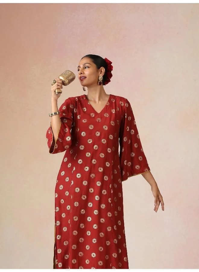 trueBrowns trueBrowns Red Gold Foil Print Muslin Silk A-line Kurta Set
