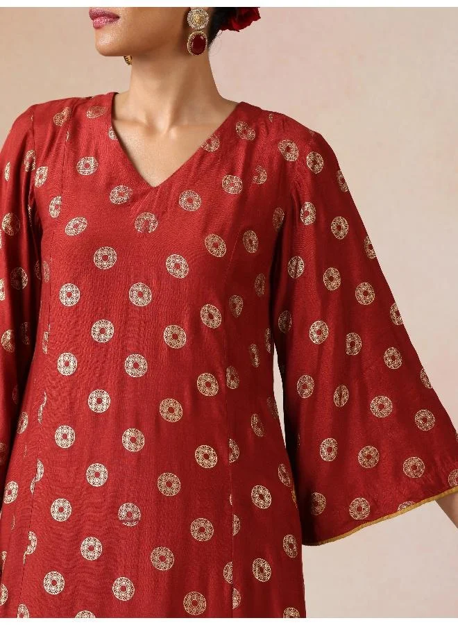 trueBrowns trueBrowns Red Gold Foil Print Muslin Silk A-line Kurta Set