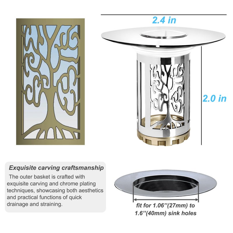BAOLSLS Bathroom Sink Drain Stopper, Bathroom Sink Drain Strainer with Pop Up and Removable Hair Catcher Basket, Universal for 1.06 to 1.6in Sink Drain, Chrome Silver - Image 3