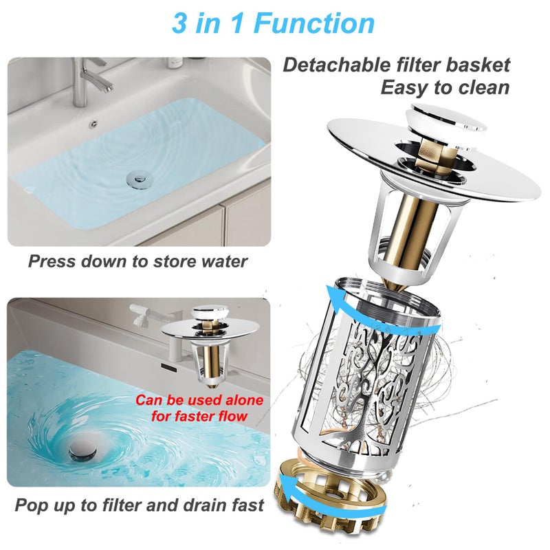 BAOLSLS Bathroom Sink Drain Stopper, Bathroom Sink Drain Strainer with Pop Up and Removable Hair Catcher Basket, Universal for 1.06 to 1.6in Sink Drain, Chrome Silver - Image 5
