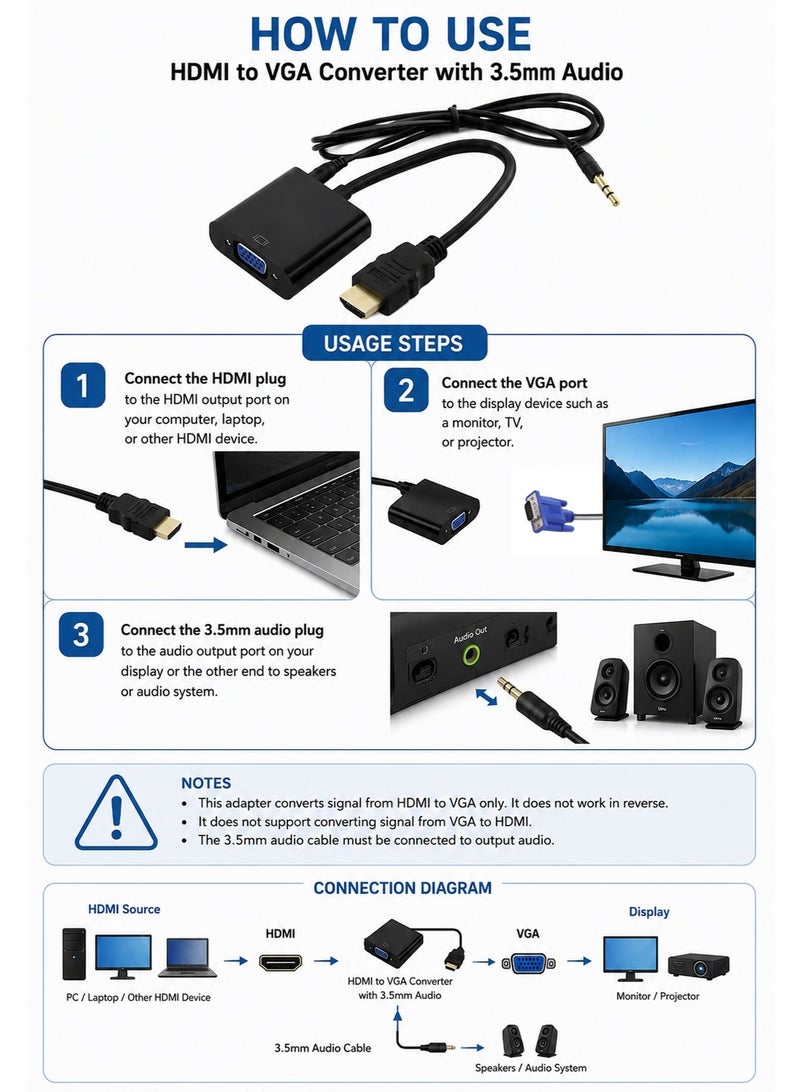 فوجيشكا محول HDMI إلى VGA مع كابل صوت 3.5 مم – HDMI ذكر إلى VGA أنثى – بطول 25 سم – يدعم Full HD 1080P – لأجهزة الكمبيوتر واللابتوب والشاشات والبروجكتور - Image 5