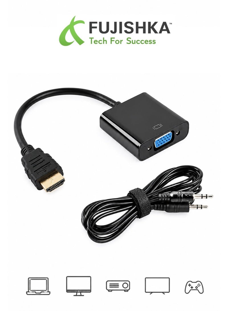 فوجيشكا محول HDMI إلى VGA مع كابل صوت 3.5 مم – HDMI ذكر إلى VGA أنثى – بطول 25 سم – يدعم Full HD 1080P – لأجهزة الكمبيوتر واللابتوب والشاشات والبروجكتور - Image 1