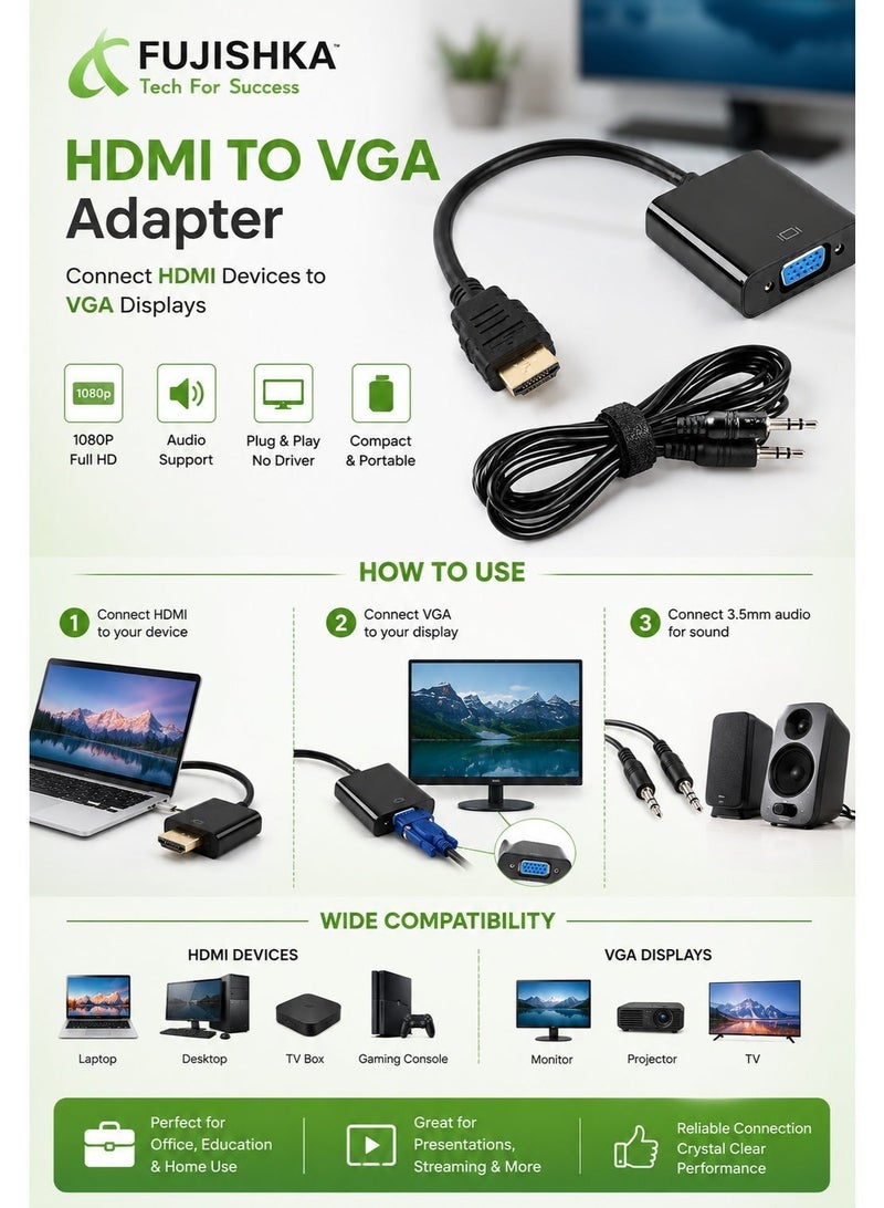 فوجيشكا محول HDMI إلى VGA مع كابل صوت 3.5 مم – HDMI ذكر إلى VGA أنثى – بطول 25 سم – يدعم Full HD 1080P – لأجهزة الكمبيوتر واللابتوب والشاشات والبروجكتور - Image 3