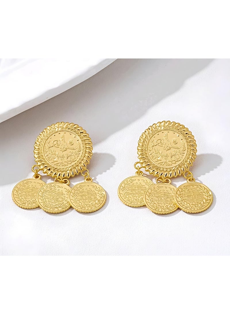 Shein 1 Pair Vintage Elegant Gold Coin Badge Earrings - Image 2