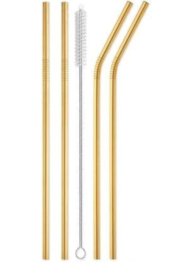 Luxury Gold Stainless Steel Straw Set – 4 Reusable Metal Straws + Cleaning Brush – Premium Durable Stainless Steel Straws for Juices, Smoothies & Cold Drinks – Elegant Café Style Design - Image 1