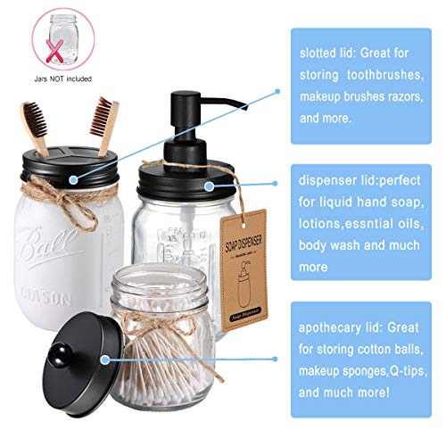 Komashr Mason Jar Bathroom Accessories Lids Set(4pcs) - Jars Not Included - Soap Dispenser,Toothbrush Holder, Apothecary Jars Lids for Regular Mouth Mason Jars - Rustproof Stainless Steel，Black - Image 2