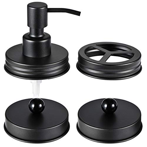 Komashr Mason Jar Bathroom Accessories Lids Set(4pcs) - Jars Not Included - Soap Dispenser,Toothbrush Holder, Apothecary Jars Lids for Regular Mouth Mason Jars - Rustproof Stainless Steel，Black - Image 1