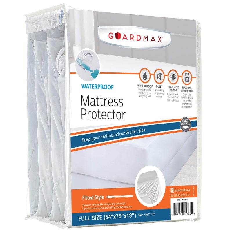 Guardmax Fitted Waterproof Mattress Protector - Hypoallergenic Cover, Noiseless and Breathable - Full Size (54x75) - Skirt Stretches to 16 - Image 1