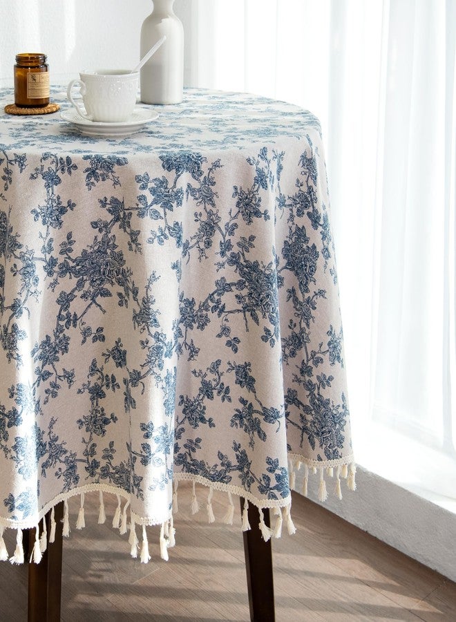 LOVOUS Linen Floral Round Tablecloth 60 Inch – Washable Vintage Blue Table Cloth for Indoor & Outdoor Dining, Restaurant, Picnic, Pastoral Table Cover Decor - Image 3