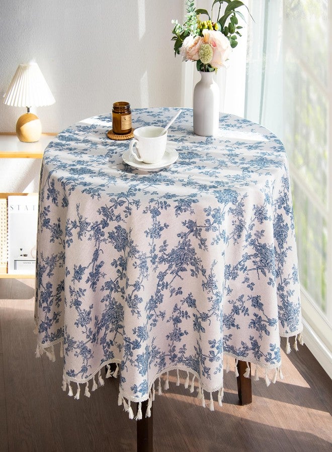 LOVOUS Linen Floral Round Tablecloth 60 Inch – Washable Vintage Blue Table Cloth for Indoor & Outdoor Dining, Restaurant, Picnic, Pastoral Table Cover Decor - Image 2