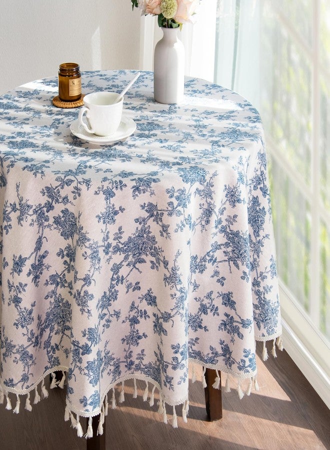 LOVOUS Linen Floral Round Tablecloth 60 Inch – Washable Vintage Blue Table Cloth for Indoor & Outdoor Dining, Restaurant, Picnic, Pastoral Table Cover Decor - Image 1