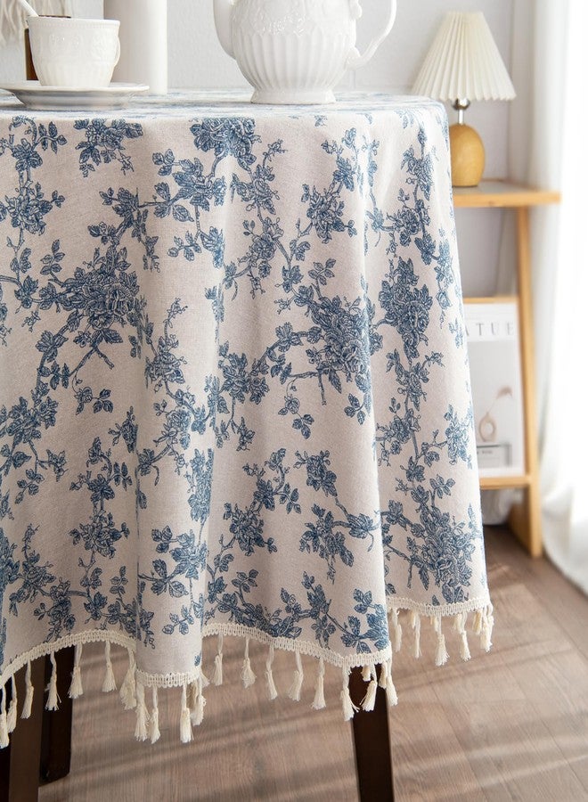 LOVOUS Linen Floral Round Tablecloth 60 Inch – Washable Vintage Blue Table Cloth for Indoor & Outdoor Dining, Restaurant, Picnic, Pastoral Table Cover Decor - Image 5