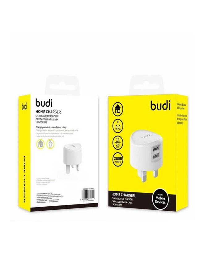 budi محول شاحن منزلي USB 2.4A من Budi 2 AC323UW - أبيض - Image 2