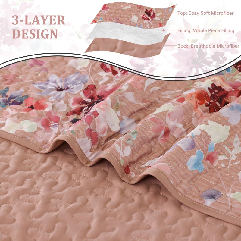 Dobuyly Pink Floral Quilt Set Queen Size, Botanical Flowers Bedspreads Coverlet Set, 3 Pieces Soft Lightweight Microfiber Quilt Bedding Set for All Seasons 96"x90" - Image 4