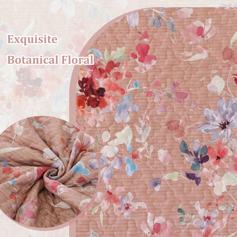 Dobuyly Pink Floral Quilt Set Queen Size, Botanical Flowers Bedspreads Coverlet Set, 3 Pieces Soft Lightweight Microfiber Quilt Bedding Set for All Seasons 96"x90" - Image 5