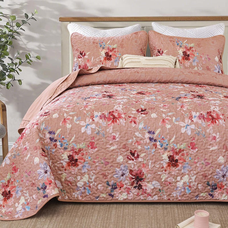 Dobuyly Pink Floral Quilt Set Queen Size, Botanical Flowers Bedspreads Coverlet Set, 3 Pieces Soft Lightweight Microfiber Quilt Bedding Set for All Seasons 96"x90" - Image 1