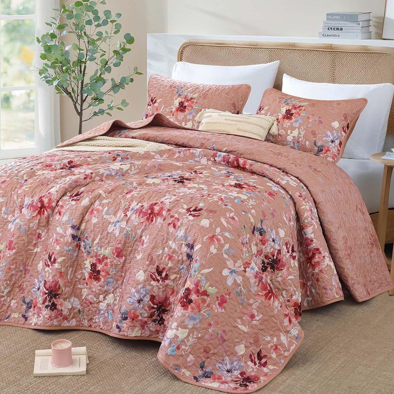 Dobuyly Pink Floral Quilt Set Queen Size, Botanical Flowers Bedspreads Coverlet Set, 3 Pieces Soft Lightweight Microfiber Quilt Bedding Set for All Seasons 96"x90" - Image 2