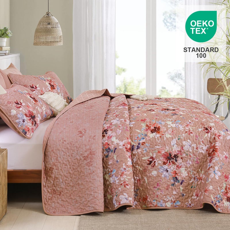 Dobuyly Pink Floral Quilt Set Queen Size, Botanical Flowers Bedspreads Coverlet Set, 3 Pieces Soft Lightweight Microfiber Quilt Bedding Set for All Seasons 96"x90" - Image 3