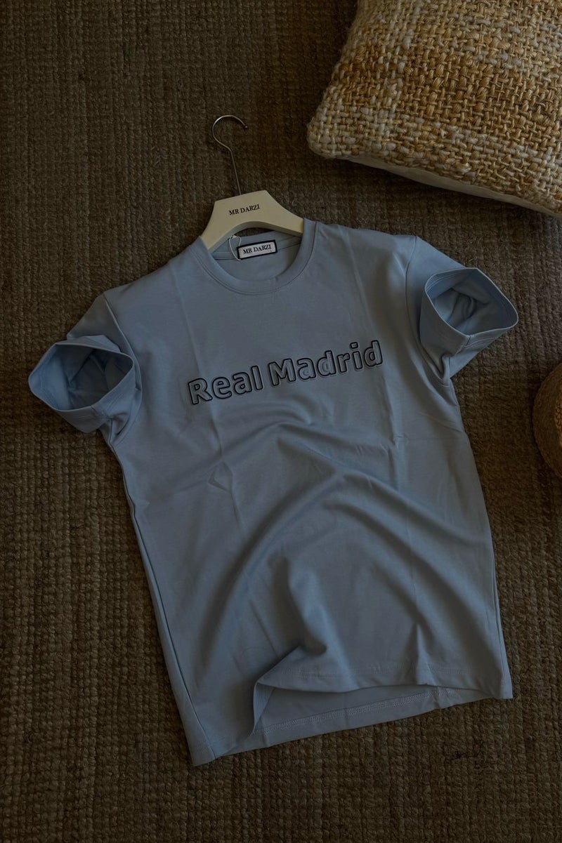 Real Madrid Text Printed Men’s Cotton Summer Casual T-Shirt – Light Blue - Image 1