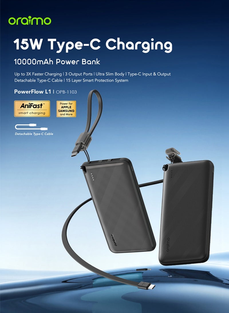 أورايمو بنك طاقة بسعة كبيرة 10000 مللي أمبير مع كابل USB-C قابل للفصل، شحن سريع 15 واط USB-C + 2 USB-A، شاحن محمول بحجم محمول متوافق مع iPad، iPhone 16، Galaxy S25 S24 Ultra، AirPods - OPB-1103 - Image 2