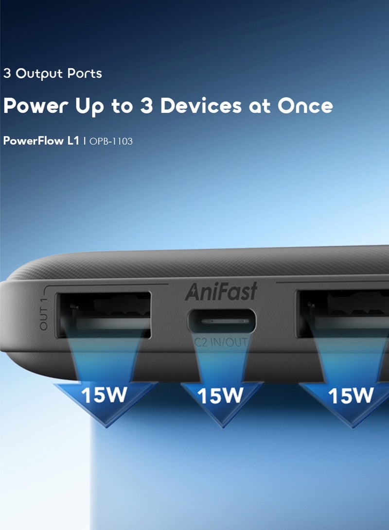 أورايمو بنك طاقة بسعة كبيرة 10000 مللي أمبير مع كابل USB-C قابل للفصل، شحن سريع 15 واط USB-C + 2 USB-A، شاحن محمول بحجم محمول متوافق مع iPad، iPhone 16، Galaxy S25 S24 Ultra، AirPods - OPB-1103 - Image 5