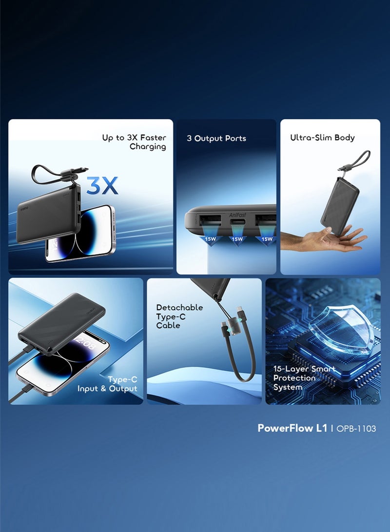 أورايمو بنك طاقة بسعة كبيرة 10000 مللي أمبير مع كابل USB-C قابل للفصل، شحن سريع 15 واط USB-C + 2 USB-A، شاحن محمول بحجم محمول متوافق مع iPad، iPhone 16، Galaxy S25 S24 Ultra، AirPods - OPB-1103 - Image 4
