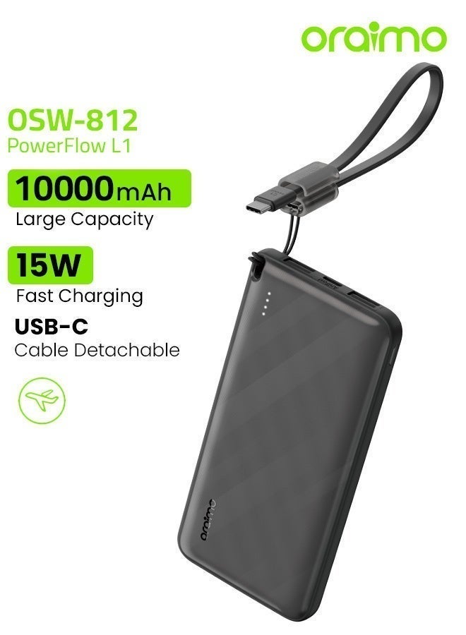 أورايمو بنك طاقة بسعة كبيرة 10000 مللي أمبير مع كابل USB-C قابل للفصل، شحن سريع 15 واط USB-C + 2 USB-A، شاحن محمول بحجم محمول متوافق مع iPad، iPhone 16، Galaxy S25 S24 Ultra، AirPods - OPB-1103 - Image 1