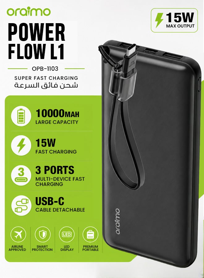 أورايمو بنك طاقة بسعة كبيرة 10000 مللي أمبير مع كابل USB-C قابل للفصل، شحن سريع 15 واط USB-C + 2 USB-A، شاحن محمول بحجم محمول متوافق مع iPad، iPhone 16، Galaxy S25 S24 Ultra، AirPods - OPB-1103 - Image 1