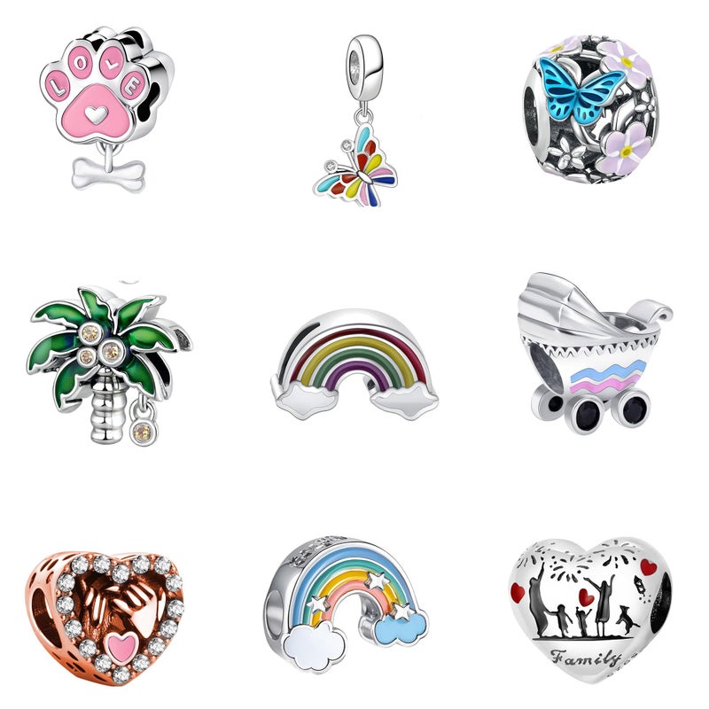 Acrobious 9PCS European Charms Beads Pendant For Bracelet, Charms DIY Bracelets Necklace Jewellery Gift for Birthday Valentine's Day Party Christmas Mother's Day Heart Butterfly rainbow