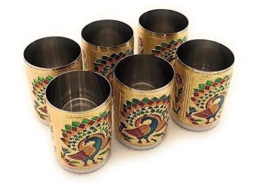DIGIDEAL meenakari Peacock Desing Glass Stainless Steel Glass Set Water Glass Juice Glass Gold 6 pcs - Image 3
